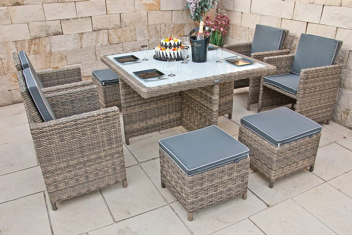 Ragnarök PolyRattán - Marca ALEMANA - Producción PROPIA - 8 años de garantía - Juego de comedor para jardín, mesa, 4 sillas, taburetes, 12 cojines, gris, aluminio inoxidable, natural, comedor, cubo, cristal