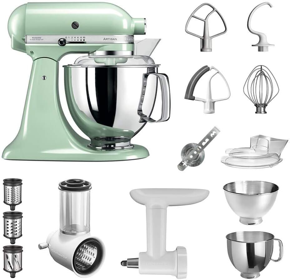 Robot de cocina KitchenAid Artisan Starter Pack 5KSM175PSEPT incl. cortador de verduras, picadora de carne y muchos accesorios (Pistacho)