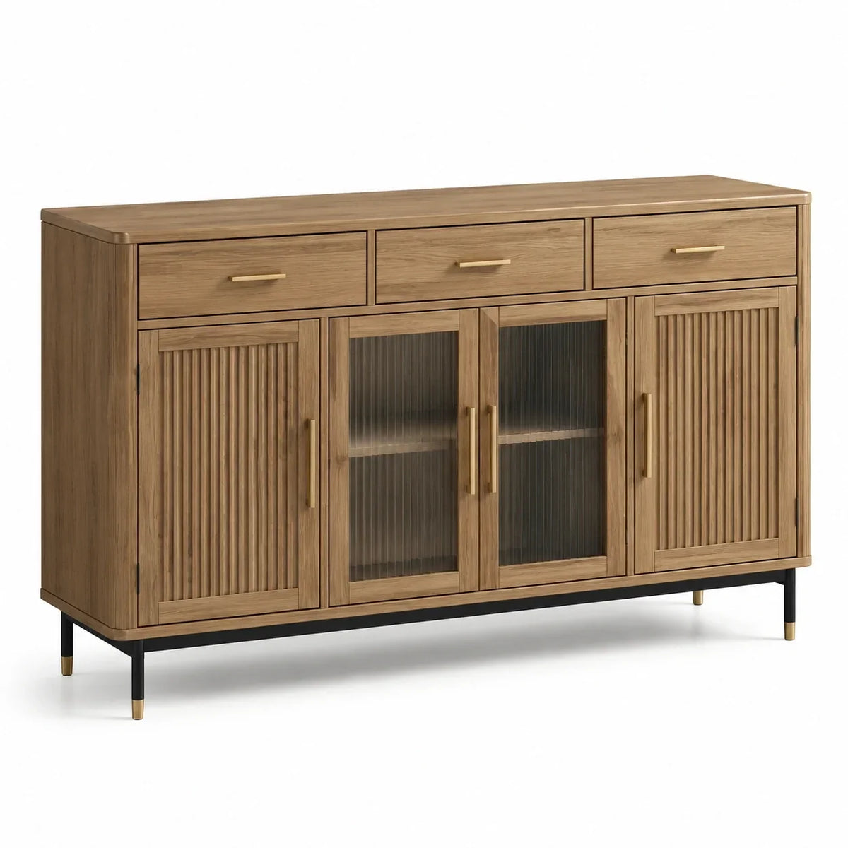 Aparador de madera de roble con puertas de cristal y madera, 150 cm, marrón