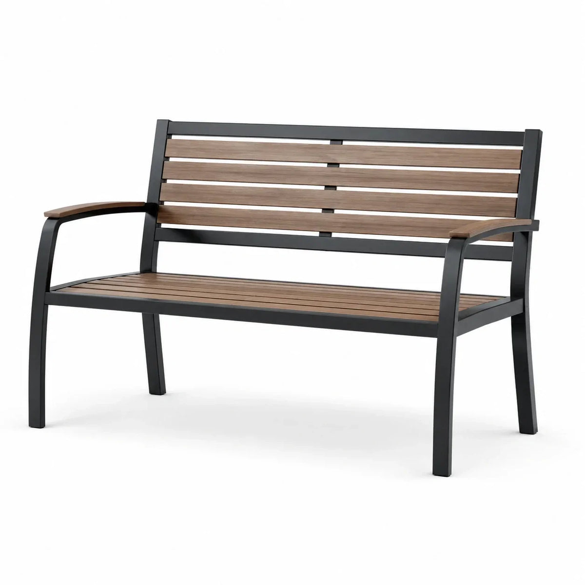 Banco de jardín con estructura de metal y madera de acacia, 125 cm, marrón/negro