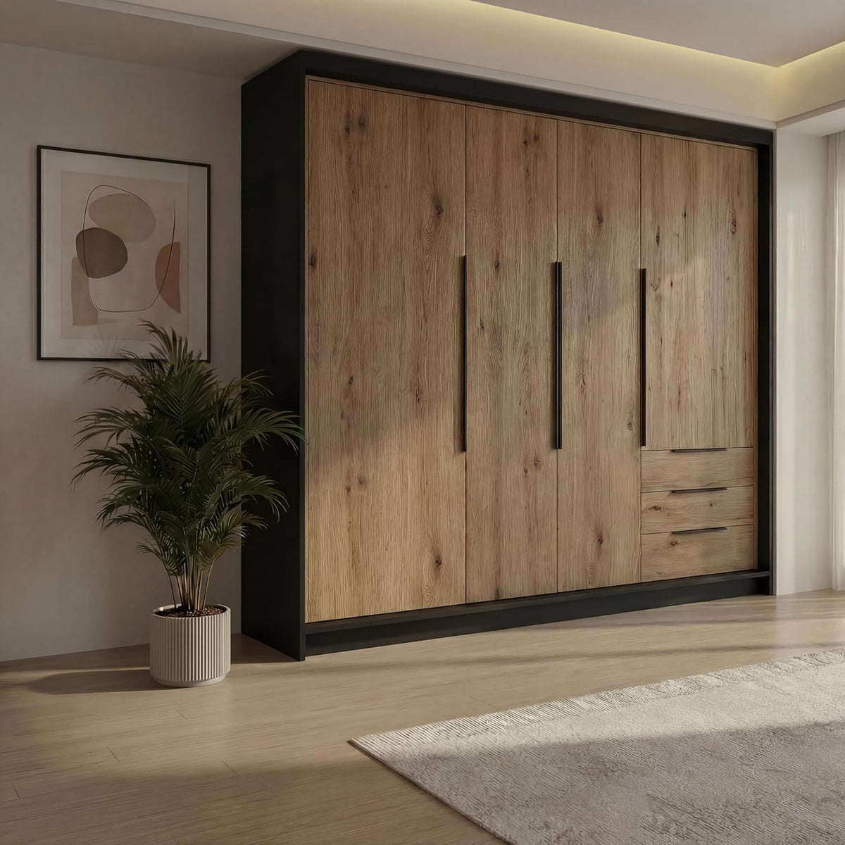Armario de 4 puertas A&J MöbelLand KLARI con 3 cajones – 200 x 215 cm – Armario de puertas batientes con barra para colgar ropa y estantes