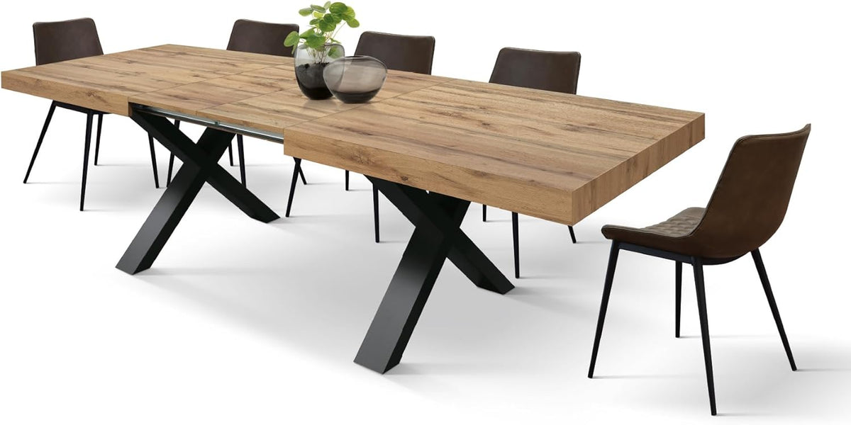 Mesa extensible PAZZO DESIGN Elisa, mesa para salón o cocina, patas en cruz X negras, fabricada en Italia, roble rústico, 160x90x76 cm - id_1997