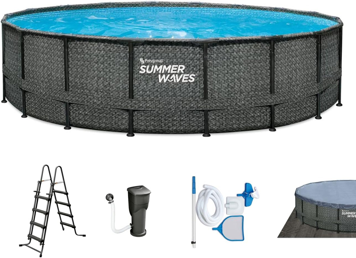 Piscina desmontable con estructura Summer Waves | Redonda 549x132 cm aspecto ratán gris | Set de piscina elevada | Piscina de jardín incl. bomba de filtro, tapiz de suelo, cobertor y escalera de seguridad