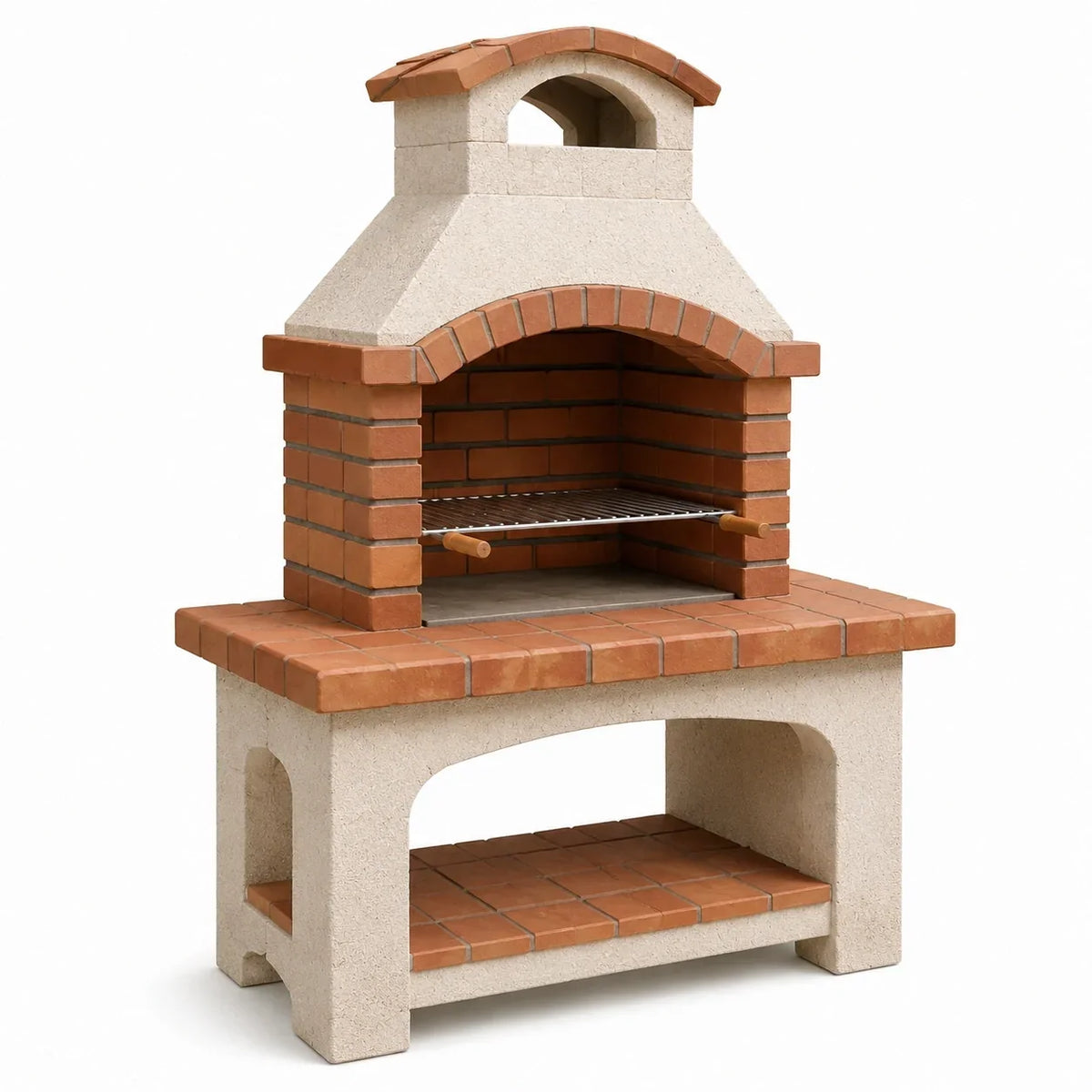Barbacoa de horm igón y ladrillo con chimenea beige/rojo