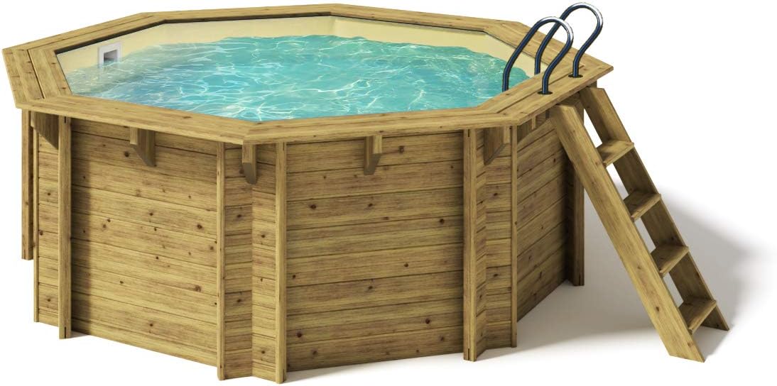 Piscina de madera Paradies Pool® Kalea, set completo incl. sistema de filtrado, caseta para bomba, escalera de acero inoxidable para piscina enterrada, lámina de arena de 0,8 mm de grosor, piscina octogonal, 354 x 118 (Ø x Al), cantidad: 1 unidad