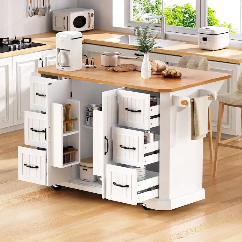 Isla de cocina extensible con alas abatibles, carrito de cocina sobre 4 ruedas con toma de corriente, mesa isla móvil con 2 puertas y 6 cajones
