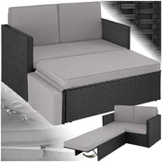 Set de sofá tectake® - Sofá de 2 plazas con taburete y función de cama, pequeño sofá de ratán como mueble de jardín exterior, resistente a la intemperie para salón, balcón y jardín, plegable con cojines impermeables - Negro