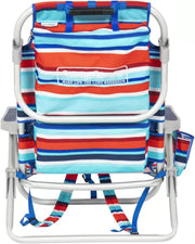 Silla de playa Tommy Bahama modelo 2025. A rayas rojas y azules.
