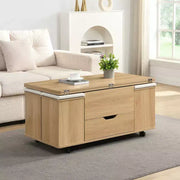 Mesa de centro elevable moderna multifuncional Zeus & Ruta con almacenamiento oculto, 4 taburetes y ruedas, perfecta para espacios modernos