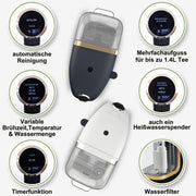 BRU Máquina de té para té a granel, hierbas y bolsitas de té - Dispensador de agua caliente y tetera en uno - SIN cápsulas, agua filtrada con solo pulsar un botón, sistema de limpieza automática (blanco/cromo)