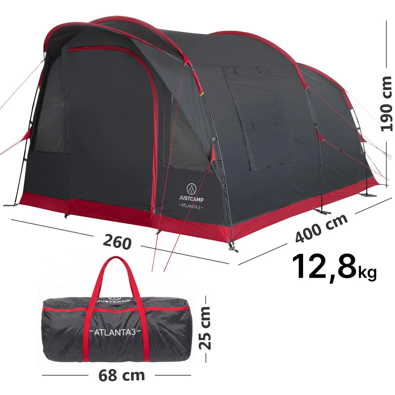 JUSTCAMP Atlanta 3, 5 o 7 personas, tienda de campaña tipo túnel con altura interior, toldo, suelo, mosquitera, impermeable, camping, festival