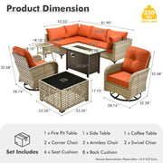 Conjunto de 9 piezas de sillas giratorias de mimbre para exteriores OVIOS con mesa de fuego