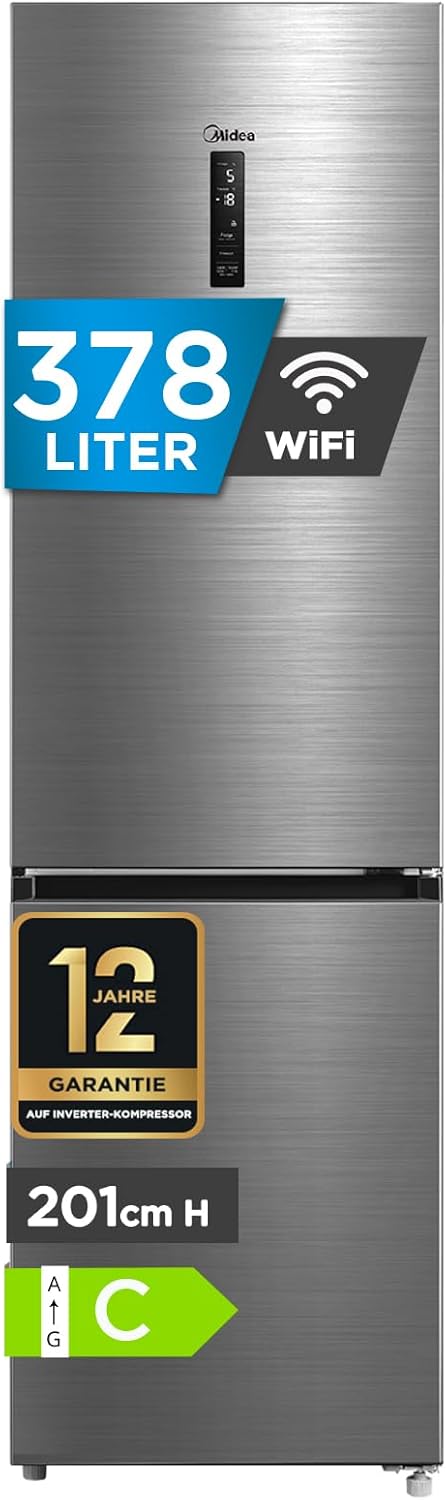 Midea MDRB521MIC46A Frigorífico Combi / No Frost / Control WiFi / Compresor Inverter / 201 cm de altura / 59,5 cm de ancho / 70 cm de profundidad / 177 kWh/año / 256 L capacidad frigorífico / 122 L capacidad congelador / Frontal de acero inoxidable