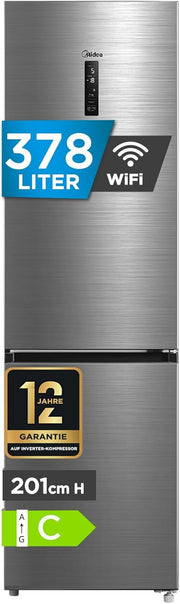 Midea MDRB521MIC46A Frigorífico Combi / No Frost / Control WiFi / Compresor Inverter / 201 cm de altura / 59,5 cm de ancho / 70 cm de profundidad / 177 kWh/año / 256 L capacidad frigorífico / 122 L capacidad congelador / Frontal de acero inoxidable