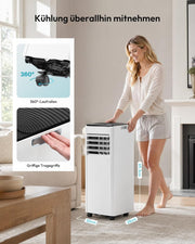 Aire acondicionado portátil 9000 BTU con tubo de escape | Aire acondicionado móvil 4 en 1 | Funcionamiento silencioso | Pantalla digital + mando a distancia | Kit de instalación para ventana | Temporizador de 24h | Para habitaciones de hasta 25 m²