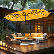 Sombrilla de mercado para exteriores de doble cara MAISON ARTS de 15 pies, rectangular, con manivela, luces LED solares y base incluida