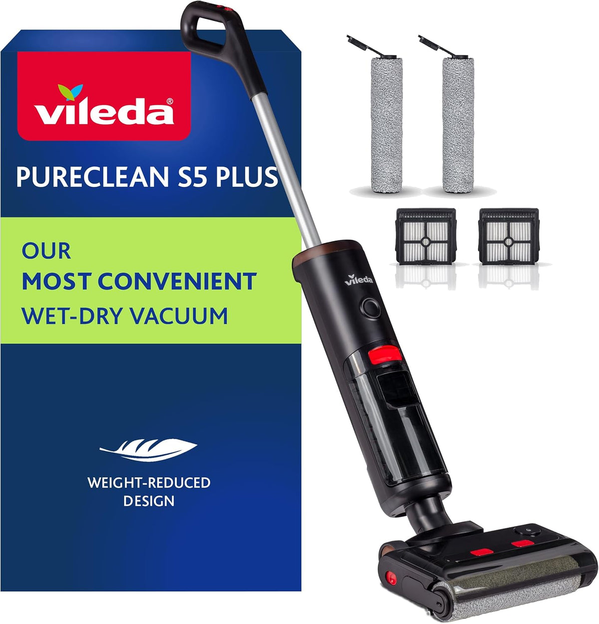 Vileda PureClean S5 Plus, Aspirador y fregasuelos sin cable, Aspirador en seco y húmedo, Limpiador de suelos inteligente sin cable, Autolimpiable, accesorios adicionales (2 rodillos y 2 filtros en total), Negro