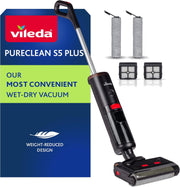Vileda PureClean S5 Plus, Aspirador y fregasuelos sin cable, Aspirador en seco y húmedo, Limpiador de suelos inteligente sin cable, Autolimpiable, accesorios adicionales (2 rodillos y 2 filtros en total), Negro