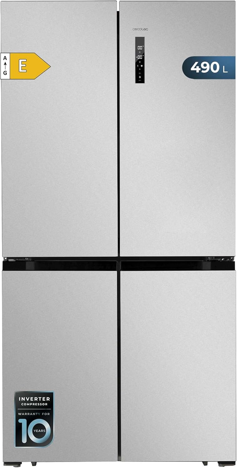 Frigorífico americano de 4 puertas Cecotec de acero inoxidable 490 L CoolMarket 4D 490 Inox E. 183 cm de alto, 91 cm de ancho, bajo consumo, Inverter Plus, refrigeración rápida y congelación rápida, Total NoFrost