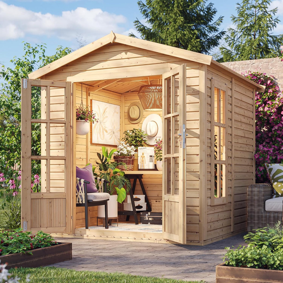 TIMBELA M351FB Caseta de Madera con Suelo y Tejas Asfálticas Rojas, An233xPr222xAl233 cm – Cobertizo Multifuncional, Oficina, Taller, Estudio de Jardín