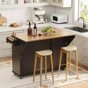 Isla móvil de 55 pulgadas con toma de corriente y mesa plegable, carrito de isla de cocina con ruedas y gabinete para almacenamiento de basura para cocina