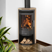 Justus Usedom 5 Estufa de leña acero negro con revestimiento de piedra arenisca 5,5 kW potencia nominal cristal prismático sistema de limpieza de cristal compartimento para leña diseño 1 tubo de humos 150 mm