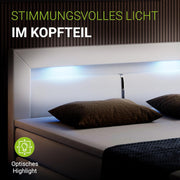 Cama boxspring Juskys Norfolk 180x200 cm - Iluminación LED, colchón Bonell y topper - 66 cm de altura de confort - blanco - Cama, cama doble, cama tapizada