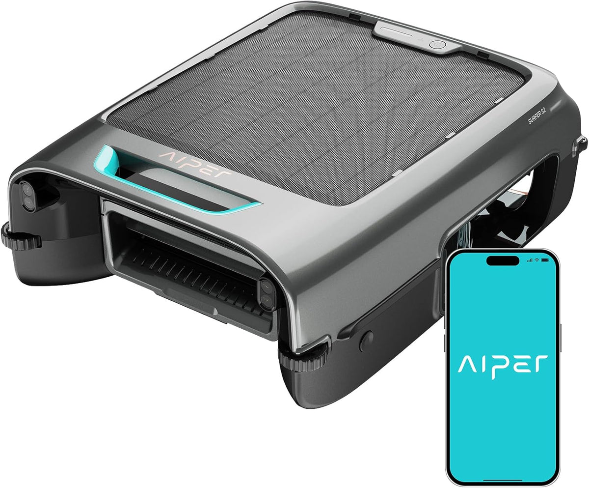 Robot limpiafondos solar para piscinas AIPER EcoSurfer S2, robot de piscina a batería con control por app, limpieza de superficie 24/7, carga solar y CC, detección inteligente de obstáculos, filtro de 150 µm, actualizaciones OTA