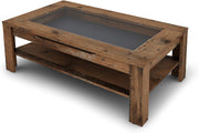 Mesa de centro Ralph de byLIVING / aspecto de madera vieja de roble marrón oscuro / mesa de sofá con incrustaciones de vidrio y un cajón espacioso en marrón / mesa auxiliar con mucho espacio de almacenamiento / An 110, Al 43, Pr 67 cm