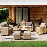 Set de muebles de jardín de poliratán Firenze de di volio - Conjunto lounge con sofá doble, 2 sillones, 2 taburetes y mesa - Set de muebles de jardín con aspecto de ratán, incluye una manta de forro polar