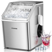 FOHERE Máquina de hielo de acero inoxidable 24 kg/24h, 24 cubitos en 10 min, 3,2 L, doble entrada de agua, 40 dB, temporizador, autolimpieza, descongelación