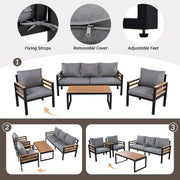 Conjunto de sofá para exterior de 4 piezas para 5 personas con mesa de centro de madera maciza y cojines extraíbles