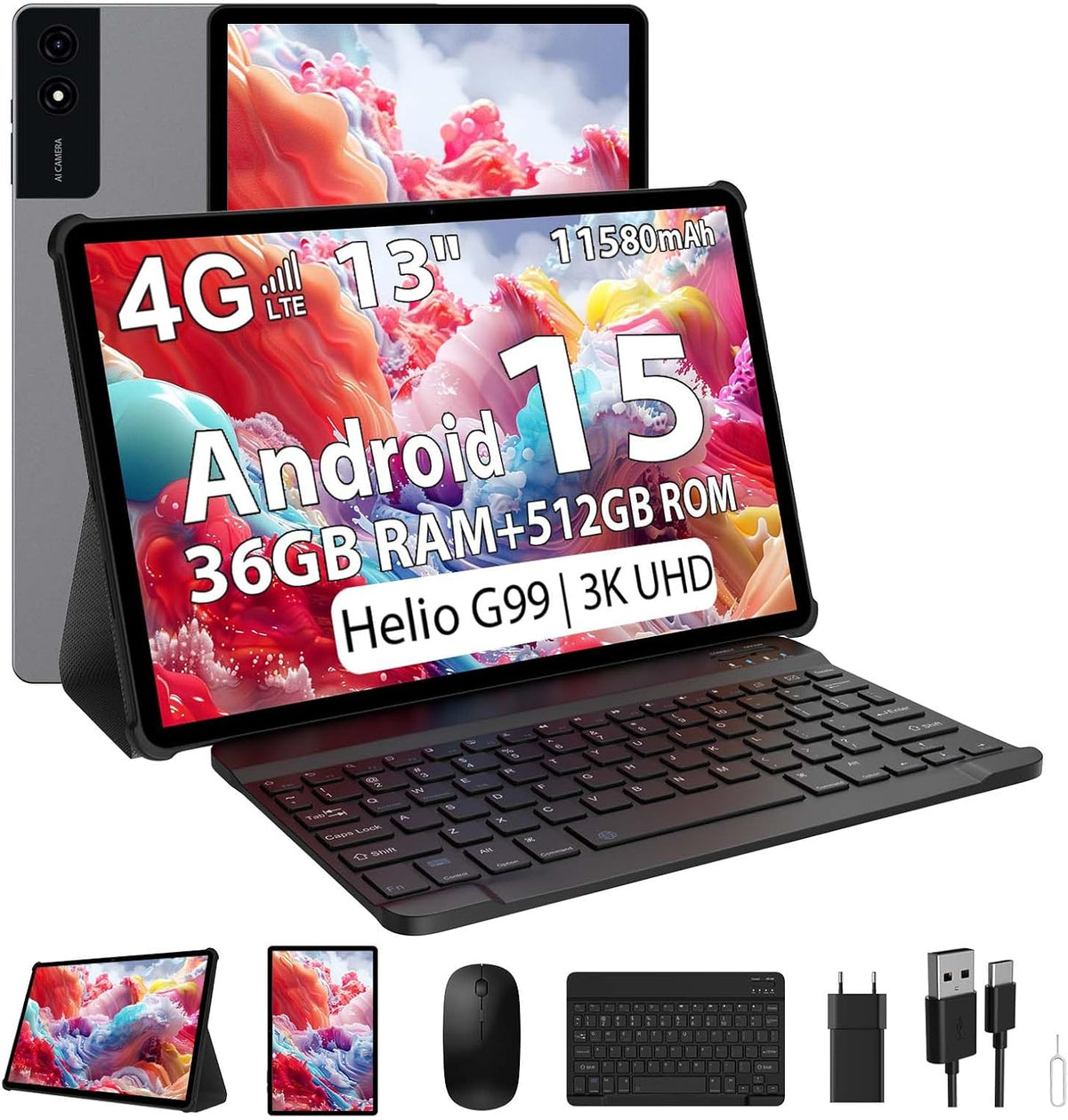 Tablette 3K de 13 pulgadas con Android 15, 36GB RAM, 512GB ROM (extensión 2TB), 4G LTE丨5G WiFi, 2940*1840 UHD, 11580mAh, G99 2.2GHz, 13MP+8MP, tableta táctil con teclado丨GPS丨4 altavoces (Gris)