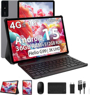 Tablette 3K de 13 pulgadas con Android 15, 36GB RAM, 512GB ROM (extensión 2TB), 4G LTE丨5G WiFi, 2940*1840 UHD, 11580mAh, G99 2.2GHz, 13MP+8MP, tableta táctil con teclado丨GPS丨4 altavoces (Gris)