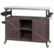 Isla de cocina para exteriores con cubierta de acero inoxidable, carrito de cocina de madera con puertas, estantes y especiero, isla de cocina con ruedas