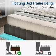 Cama de plataforma tapizada AMERLIFE con luces LED, diseño flotante, soporte de listones sólidos