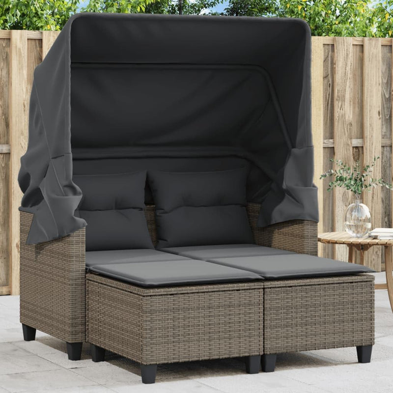 vidaXL Sofá de jardín de 2 plazas con techo y reposapiés, sofá de exterior, muebles de jardín, set de salón para patio, muebles de terraza biplaza, polirratán gris