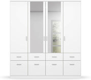 Armario de puertas batientes Rauch Möbel Bremen, armario ropero en blanco con 2 espejos y 8 cajones, 4 puertas, incluye paquete de accesorios Basic, 1 barra de armario, 4 estantes, ancho x alto x profundidad 181x199x58 cm