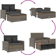 Sofá de jardín de 2 plazas vidaXL con cojines, sofá de exterior con taburete con almacenamiento, sofá con funda extraíble, muebles de jardín, juego de jardín, ratán sintético gris y madera de acacia