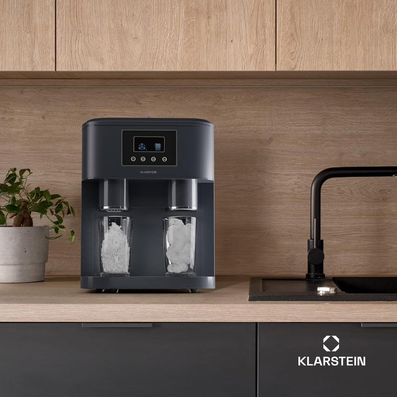 Máquina de hielo Klarstein para el hogar, camping y hostelería, mini máquina de hielo rápida, máquina de hielo profesional para hielo picado, cubitos de hielo grandes y pequeños, depósito de agua de 1,8 L, 15 kg de hielo en 24 h