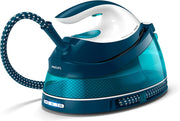 Centro de planchado Philips PerfectCare Compact Plus - 2400W, 400g, presión de 6,5 bares, tecnología OptimalTEMP, depósito de 1,5 L, azul/blanco (GC7844/20)