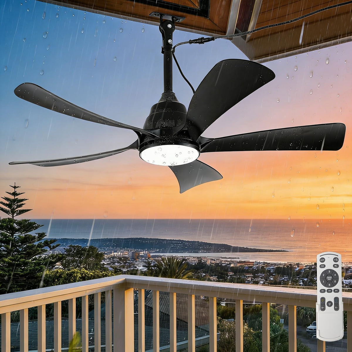 Ventilador de techo para exteriores con luz IP65 resistente al agua, 106 cm, silencioso, con iluminación y control remoto, regulable, 6 velocidades, temporizador, lámpara con ventilador para terraza y cenador, negro