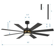 Ventilador de techo negro de 65 pulgadas y 8 aspas con luz y control remoto
