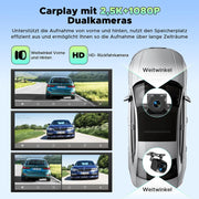 LAMTTO Pantalla CarPlay para coche inalámbrica de 10,25 pulgadas, autorradio estéreo con Android Auto, cámara frontal 2,5K, cámara trasera 1080P, navegación, Bluetooth, FM, AUX, grabación en bucle, tarjeta TF de 64 GB