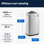 De'Longhi Pinguino PAC EM82, aire acondicionado portátil para habitaciones de hasta 80 m³, 9.400 BTU, 2,4 kW, 63 dB, función de deshumidificación, clase energética A, temporizador 24 h, blanco