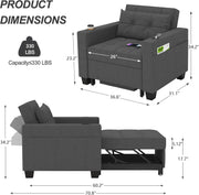 Sillón cama DURASPACE, silla convertible 3 en 1, sillón cama extensible, sofá cama con puertos USB, bolsillo lateral, portavasos para espacios pequeños (gris oscuro)