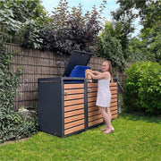 Cubo para basura Metzler en antracita y efecto madera, 3 compartimentos de 240 L, revestimiento para 3 cubos de basura, acero con recubrimiento en polvo resistente a la intemperie con tapa automática, bloqueable, arcón para jardín y basura
