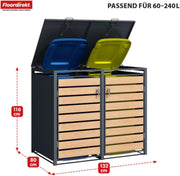 Cubrecontenedores Floordirekt para 2 cubos de basura de 60-240 l - Antracita con decoración de madera - incl. posibilidad de ampliación - revestimiento para cubos de basura, caja de basura para jardín, caseta para cubos de basura, Johann