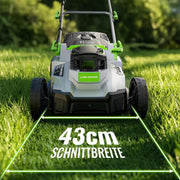 Cortacésped a batería ETOOLAB 40V (2x20V), 43 cm de ancho de corte, hasta 500 m², motor sin escobillas, kit de mulching, cesta de recogida de 50 L, 6 alturas de corte, 25-75 mm de altura de corte, 2 baterías de 4,0 Ah + cargador
