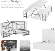 tectake® Juego de muebles de jardín de 3 piezas, mesa de camping plegable con 2 bancos de cerveza, muebles de balcón, conjunto de mesa para jardín o terraza, set de mesa y bancos cerveceros, con asas de transporte, 180 cm de largo (blanco)